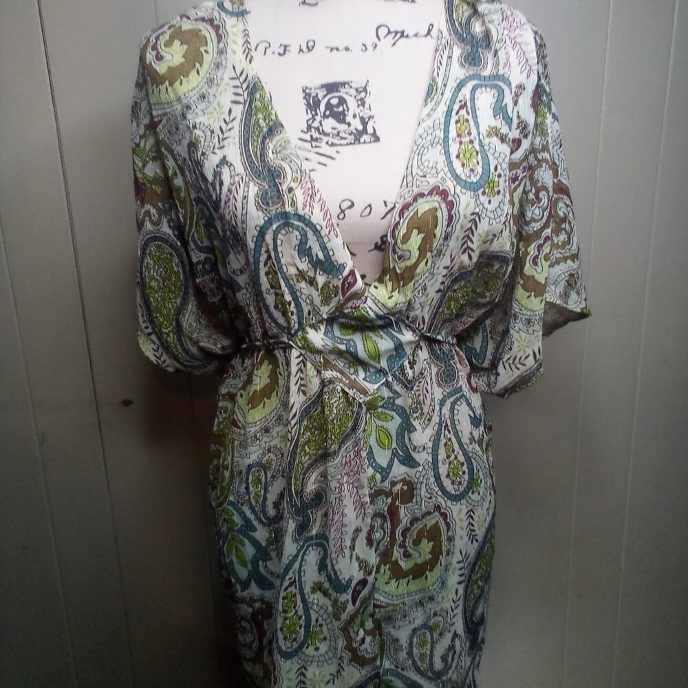 Paper Tee Blouse XL V-Neck Sheer Paisley Green Brown Blue